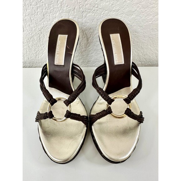 MICHAEL KORS Leather Wedge Sandals Woven Strappy Slip-On Heels Sz 7 6.5 Vintage - Picture 6 of 10